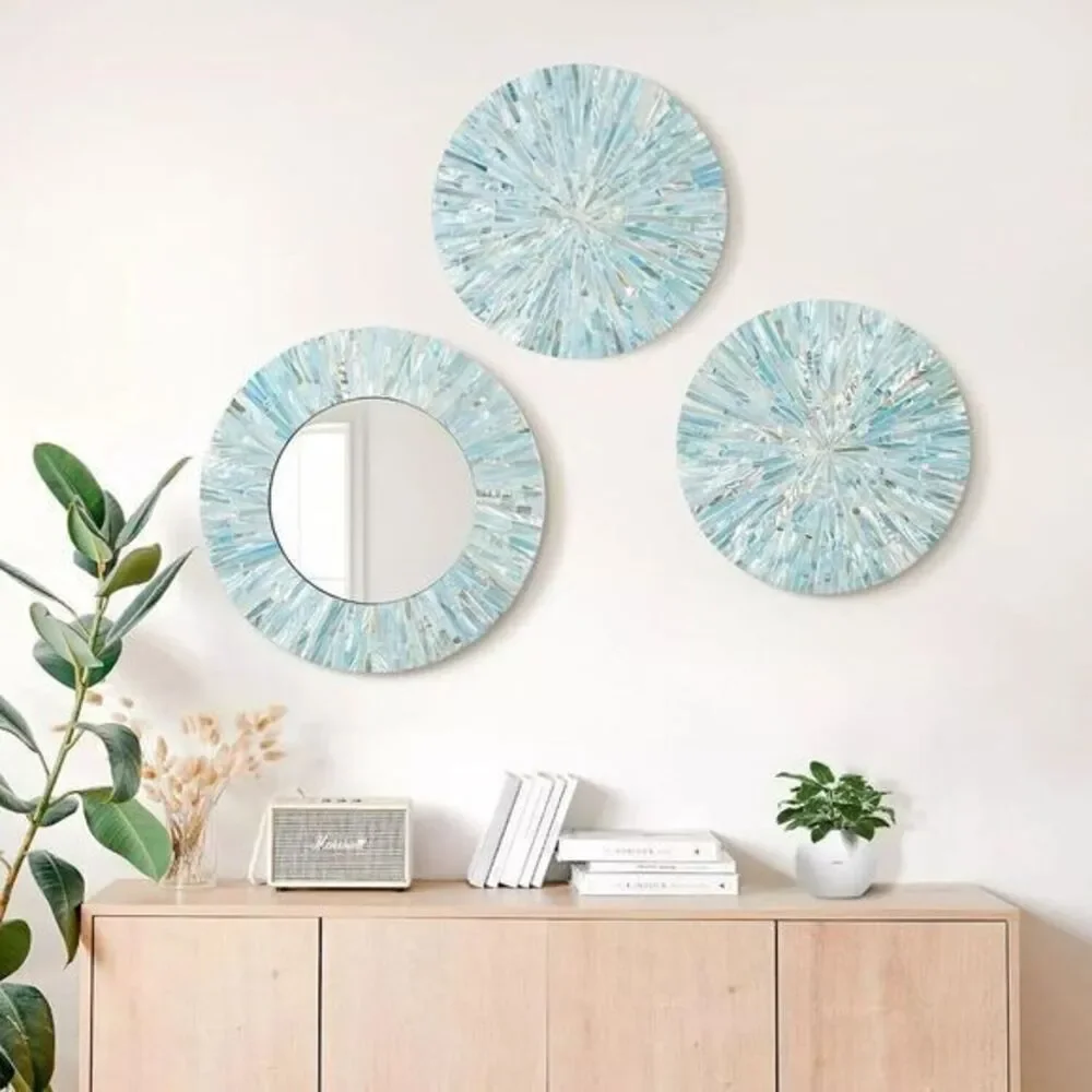 Teipai‎ Natural Mother of Pearl Mirror Wall Decor for Living Room, 3PCS Handmade